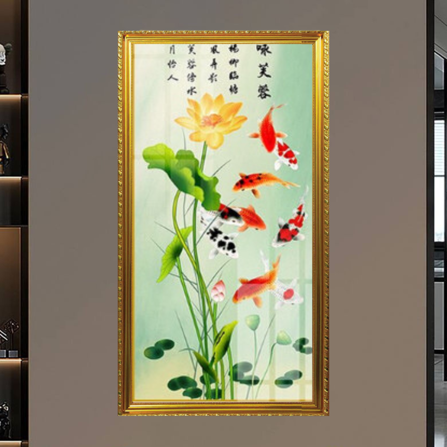 Tranh Gỗ Phù Điêu Treo Tường Đóng Khung Cao Cấp - Cửu Ngư Quần Hội 04