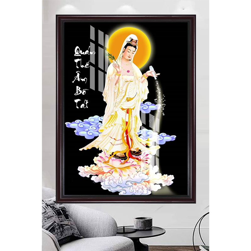 Tranh Gỗ Phù Điêu Treo Tường Đóng Khung Cao Cấp - Quan Thế Âm Bồ Tát 01