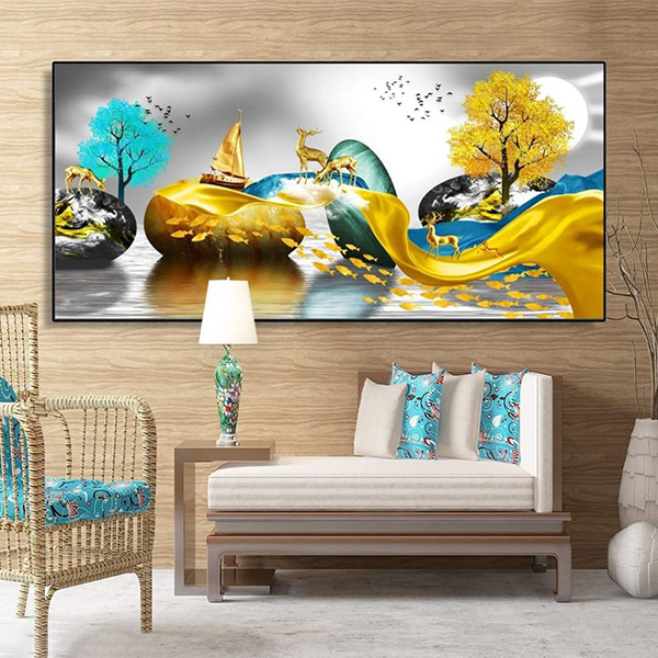 Tranh treo Tường Cây Xanh Vàng Và Núi Non