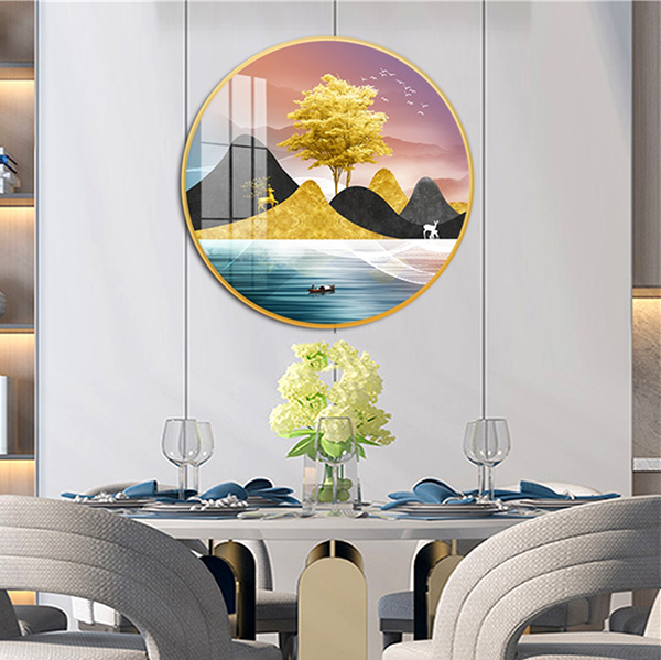 Tranh Tròn Tráng Gương Cây Lá Vàng Và Hươu 01