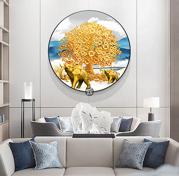 Tranh Tròn Tráng Gương Phòng Khách Cây Đồng Tiền Vàng