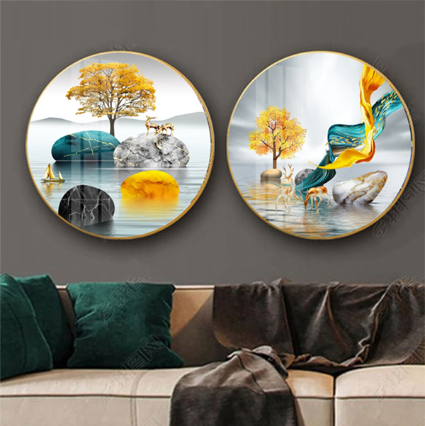 Tranh Tròn Tráng Gương Phòng Khách Hươu Vàng Bên Suối