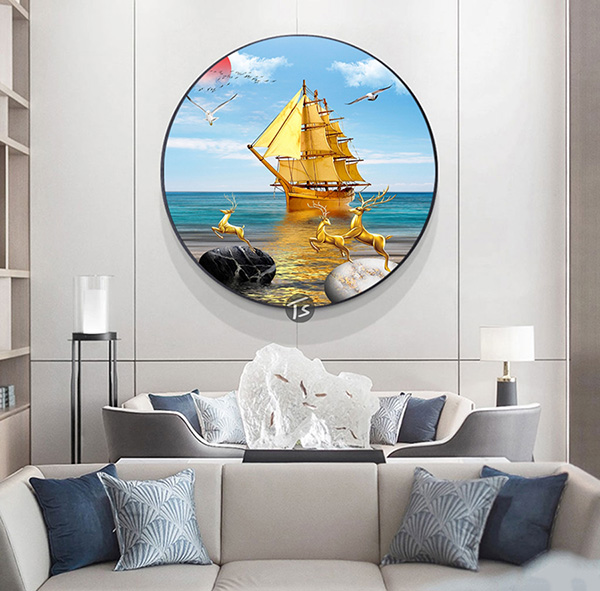 Tranh Tròn Tráng Gương Phòng Khách Thuyền Vàng 01